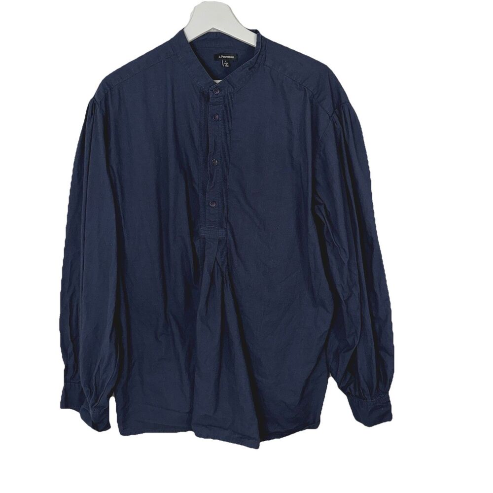 J Peterman Large Blue Cotton Poet Shirt Banded Neck Pintuck Bib Puff Shoulder